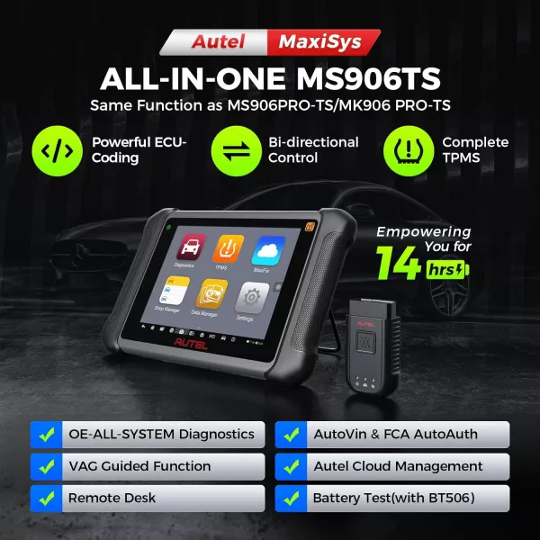 Autel MaxiSys MS906TS, Enhanced Autel Scanner: MS906Pro/MS906BT/DS808/MK808/MP808, Lite of MK908, Same TPMS as MS906Pro-TS, ECU Coding, Active Test, 36+ Services, FCA AutoAuth