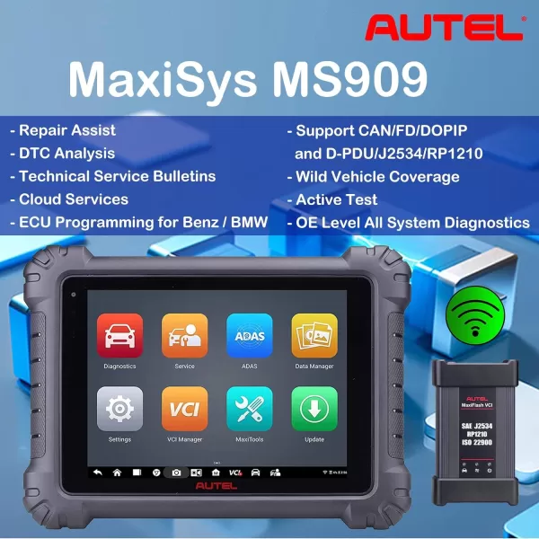 Autel MaxiSys MS909 with Screen Protector Intelligent Bi-Directional Diagnostic Scanner DTC 26 Services Reset ECU Coding MaxiFlash VCI CAN Bus AutoScan VIN/Licence OE Level Advanced MS908P Pro/Elite