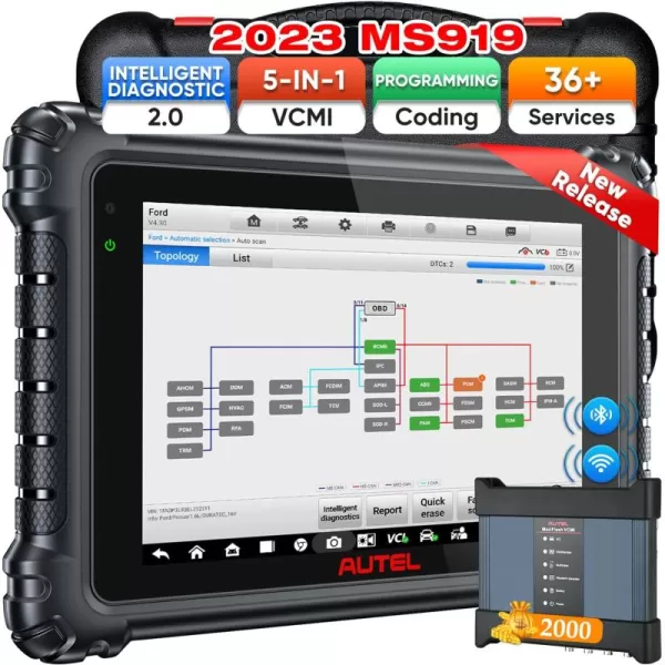 Autel MaxiSys MS919 [2023 Version], Same as Ultra, Top Intelligent Diagnostic &amp; Topology 2.0, [$2000] 5-in-1 VCMI, ECU Programming &amp; Coding, 40+ Service, Auto Scan 2.0, Upgrade of MS909 Ultra Lite