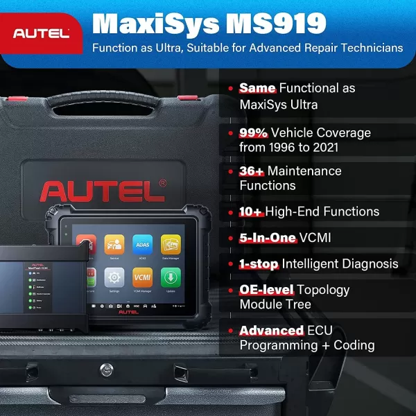 Autel MaxiSys MS919 [2023 Version], Same as Ultra, Top Intelligent Diagnostic &amp; Topology 2.0, [$2000] 5-in-1 VCMI, ECU Programming &amp; Coding, 40+ Service, Auto Scan 2.0, Upgrade of MS909 Ultra Lite