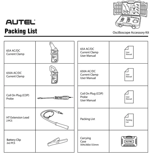 Autel MaxiSys MSOAK Oscilloscope Accessory Kit Compatible with The MaxiFlash VCMI MSUltra MS919 &amp; MP408 Support 65A/650A AC/DC Clamp HT Extension Lead Battery Clip with Carrying Case