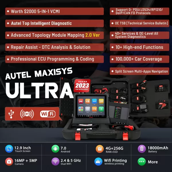 Autel MaxiSys Ultra, 2023 Top MSULTRA Intelligent Diagnostic Scanner, 5-in-1 VCMI [2000$], Smith-Level ECU Programming &amp; Coding, Topology 2.0, 40+ Service, OE TSB Recalls, Up of MS919 MS909 Ultra Lite