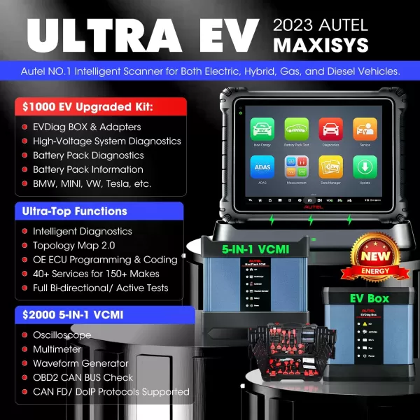 Autel MaxiSys Ultra EV: 2023 Top EV Intelligent Diagnostic Scanner Up of MSUltra MS919 MS909EV, High-Voltage Systems &amp; Battery Analysis, Topology 2.0, ECU Programming, 40+ Reset, 5in1 VCMI, EVDiag KIT