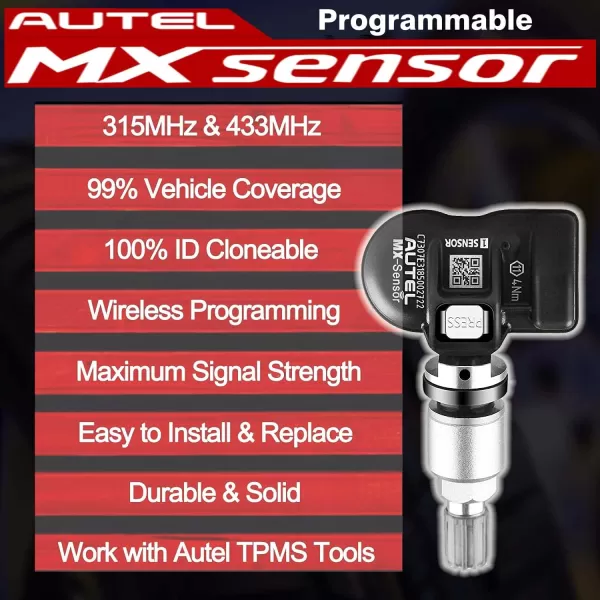 Autel MaxiTPMS 315MHz/433MHz 2 in 1 with TPMS Tool MX-Sensor Programmable fit Tire Pressure Monitoring OEM TPMS Sensors Press-in Metal Valves,Pack of 4PC Sensors