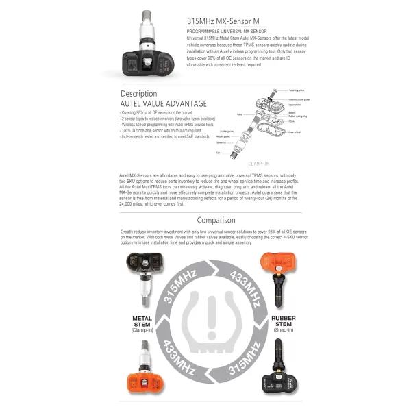 Autel MaxiTPMS 315Mhz Universal Programmable OEM TPMS fit Tire Pressure Monitoring MX- Sensor Press-in Metal Valves 1PC for TS401/TS408/TS501/TS508/TS608/MK808TS/MS906TS/ITS600