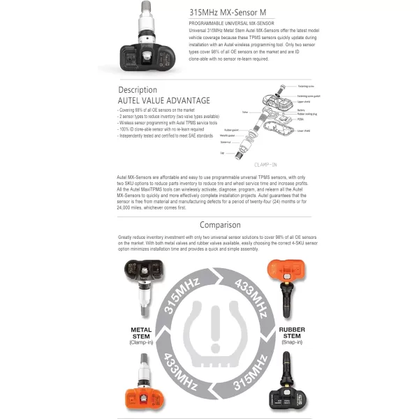 Autel MaxiTPMS 315Mhz Universal Programmable OEM TPMS fit Tire Pressure Monitoring MX- Sensor Press-in Metal Valves 4PC for TS401/TS408/TS501/TS508/TS608/MK808TS/MS906TS/ITS600