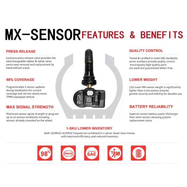 Autel MaxiTPMS 315Mhz/433Mhz 2In1 Universal Programmable OEM TPMS fit Tire Pressure Monitoring MX-Sensor Press-in Rubber Valve 1PC for TS401/TS408/TS501/TS508/TS608/MK808TS/MS906TS/ITS600