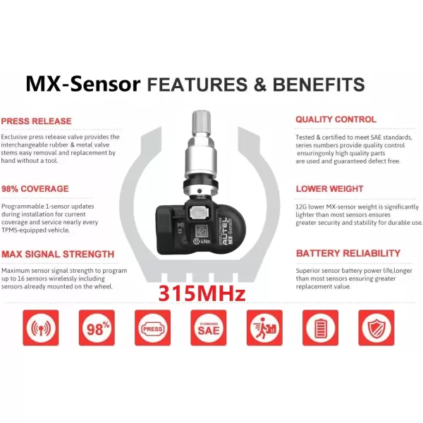 Autel MaxiTPMS MX Sensor 20pcs Pack with OBD2 Scanner Rubber Stem 315/433MHz TPMS Sensor Universal Tire Sensor Programmed by TPMS Tool TS401 TS408 TS508 TS601 TS608 MK808TS MX808TS MS906TS ITS600