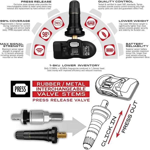 Autel MaxiTPMS MX Sensor 20pcs Pack with OBD2 Scanner Rubber Stem 315/433MHz TPMS Sensor Universal Tire Sensor Programmed by TPMS Tool TS401 TS408 TS508 TS601 TS608 MK808TS MX808TS MS906TS ITS600
