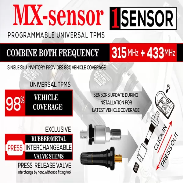 Autel MaxiTPMS MX Sensor 20pcs Pack with OBD2 Scanner Rubber Stem 315/433MHz TPMS Sensor Universal Tire Sensor Programmed by TPMS Tool TS401 TS408 TS508 TS601 TS608 MK808TS MX808TS MS906TS ITS600