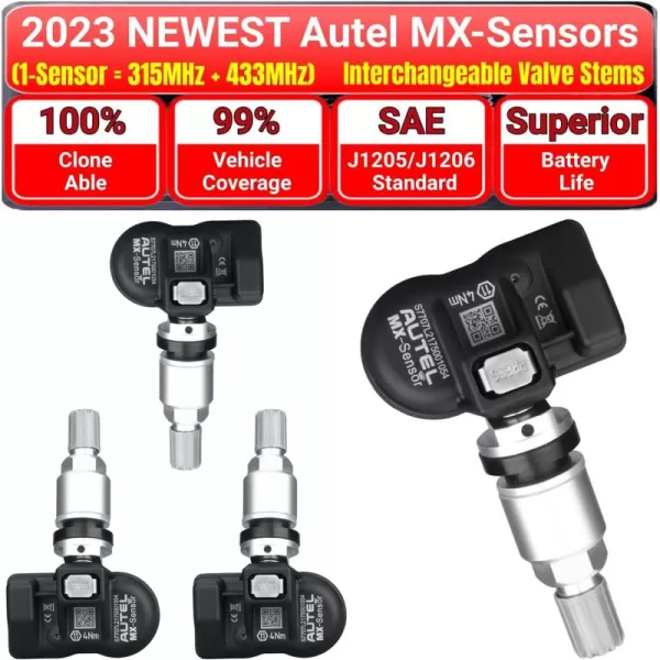 Autel MaxiTPMS MX Sensor 315/433MHz 4 PCS Pack Metal Stem TPMS Sensor Universal Tire Sensor Programmed by TPMS Tool TS401 TS408 TS508 TS608 MX808TS MS906TS MK808TS ITS600 ITS600Pro MS906Pro-TS