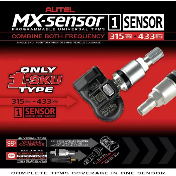Autel MaxiTPMS MX Sensor 315/433MHz 4 PCS Pack Metal Stem TPMS Sensor Universal Tire Sensor Programmed by TPMS Tool TS401 TS408 TS508 TS608 MX808TS MS906TS MK808TS ITS600 ITS600Pro MS906Pro-TS