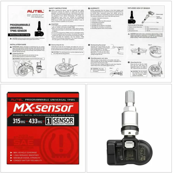 Autel MaxiTPMS MX Sensor 315/433MHz 4 PCS Pack Metal Stem TPMS Sensor Universal Tire Sensor Programmed by TPMS Tool TS401 TS408 TS508 TS608 MX808TS MS906TS MK808TS ITS600 ITS600Pro MS906Pro-TS