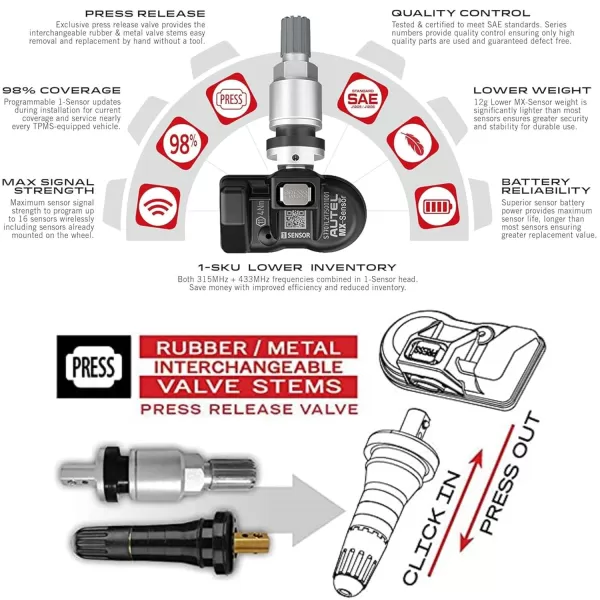 Autel MaxiTPMS MX Sensor 4pcs Pack Stem Metal Stem 315/433MHz TPMS Sensor Universal Tire Sensor Programmed by TPMS Tool TS401 TS408 TS501 TS508 TS601 TS608 MK808TS MX808TS MS906TS ITS600