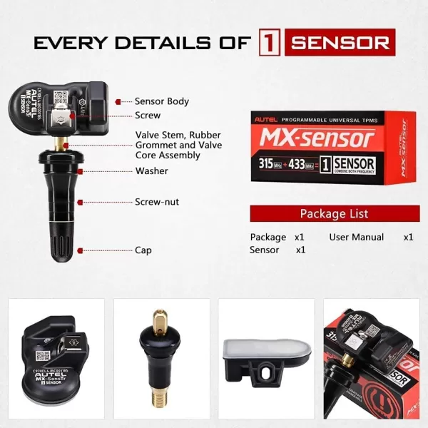 Autel MaxiTPMS MX Sensor 4pcs Pack Stem Metal Stem 315/433MHz TPMS Sensor Universal Tire Sensor Programmed by TPMS Tool TS401 TS408 TS501 TS508 TS601 TS608 MK808TS MX808TS MS906TS ITS600