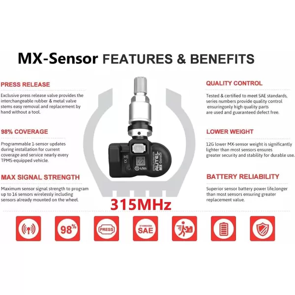 Autel MaxiTPMS MX Sensor 8pcs Dual Frequency 315/433MHz Metal Stem TPMS Sensor Universal Tire Sensor Programmed by TS401 TS408 TS501 TS508 TS601 TS608 MK808TS MX808TS MS906TS ITS600