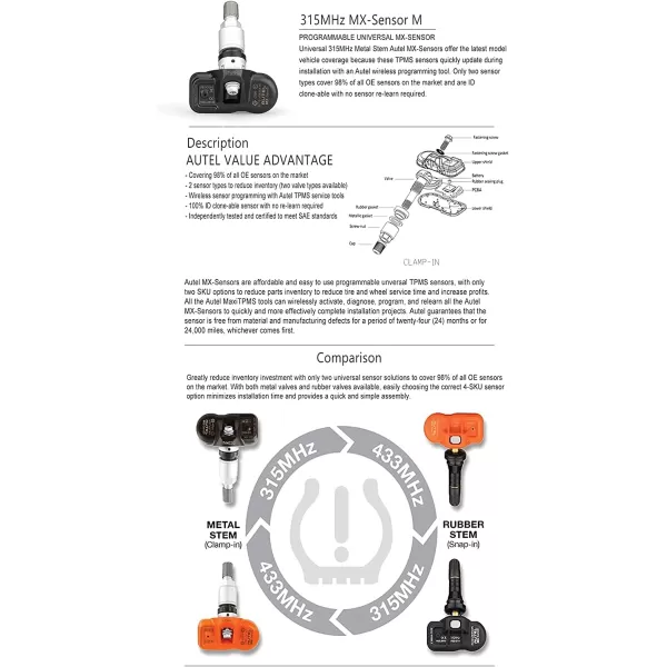 Autel MaxiTPMS MX Sensor 8pcs Dual Frequency 315/433MHz Metal Stem TPMS Sensor Universal Tire Sensor Programmed by TS401 TS408 TS501 TS508 TS601 TS608 MK808TS MX808TS MS906TS ITS600