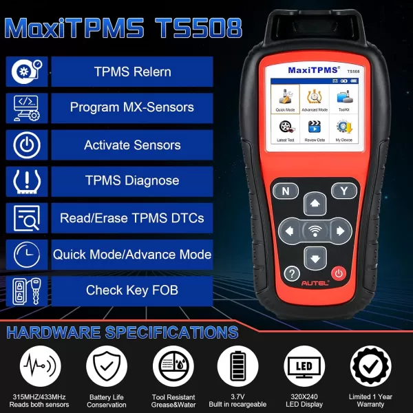 Autel MaxiTPMS TS508 TPMS Relearn Tool, 2022 Upgraded of TS501/TS408, Activate/Relearn/Reset All Sensors, One-Click TPMS Health Check, Program MX-Sensors , Read/Clear TPMS DTCs, Read/Clear TPMS DTCs)