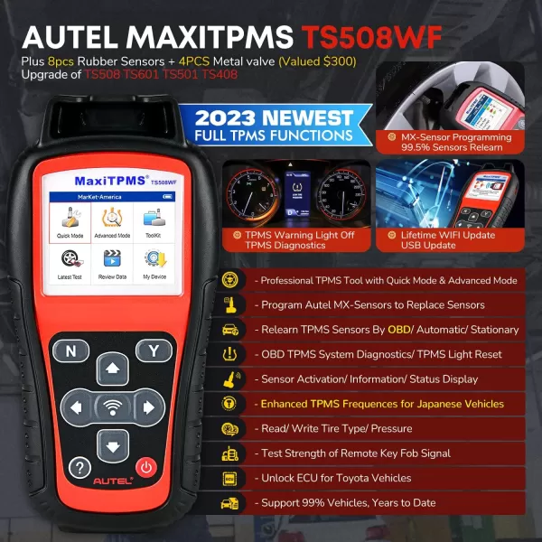 Autel MaxiTPMS TS508WF KIT [2023 Enhanced WiFi Ver. of TS508 KIT], Plus $300 8PCS 315MHz+433MHz MX-Sensor + 4PCS Metal Valves, WiFi TPMS Relearn/Program/Activate Scan Tool, Upgrade of TS508K TS601