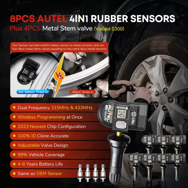 Autel MaxiTPMS TS508WF KIT [2023 Enhanced WiFi Ver. of TS508 KIT], Plus $300 8PCS 315MHz+433MHz MX-Sensor + 4PCS Metal Valves, WiFi TPMS Relearn/Program/Activate Scan Tool, Upgrade of TS508K TS601