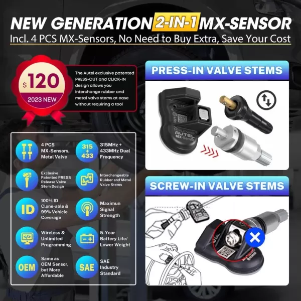 Autel MaxiTPMS TS508WF KIT TPMS Programming Tool, 2023 WiFi Ver. Upgrade of TTS508K TS508 TS501 TS408 w/ $150 4PCS 2-in-1 Press-in MX-Sensors, Activate/Relearn/Diagnosis All Sensors, Read/Clear DTCs