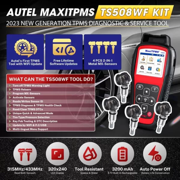Autel MaxiTPMS TS508WF KIT TPMS Programming Tool, 2023 WiFi Ver. Upgrade of TTS508K TS508 TS501 TS408 w/ $150 4PCS 2-in-1 Press-in MX-Sensors, Activate/Relearn/Diagnosis All Sensors, Read/Clear DTCs