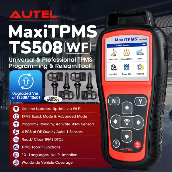 Autel MaxiTPMS TS508WF KIT TPMS Tool, 2023 WiFi Ver. of TS601/ TS508K/ TS508, with $120 4PCS 315+433Mhz MX-Sensors, TPMS Programming, OBD Relearn/Activate, Clear TPMS DTCs, Lifetime Free Updates
