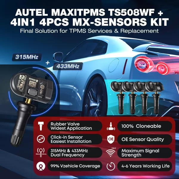 Autel MaxiTPMS TS508WF KIT TPMS Tool, 2023 WiFi Ver. of TS601/ TS508K/ TS508, with $120 4PCS 315+433Mhz MX-Sensors, TPMS Programming, OBD Relearn/Activate, Clear TPMS DTCs, Lifetime Free Updates