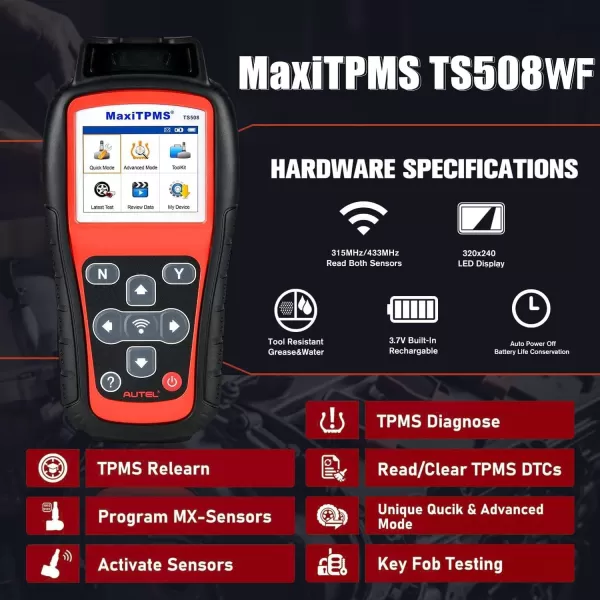 Autel MaxiTPMS TS508WF Relearn Tool  Upgraded of TS508, TS601, Program MX-Sensors, Activate/Relearn All Sensors, TPMS Reset, Read/Clear TPMS DTCs, Key Fob Testing Upgraded of TS508, TS601, Program MX-Sensors, Activate/Relearn All Sensors, TPMS Reset, Read/Clear TPMS DTCs, Key Fob Testing)