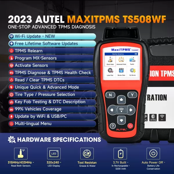 Autel MaxiTPMS TS508WF TPMS Programming Tool, 2023 Upgraded WiFi Ver. of TS508 TS501 TS408, Activate/Relearn/Diagnosis All Known Sensors, Program MX Sensor, Read/Clear TPMS DTCs, Quick &amp; Advance Mode