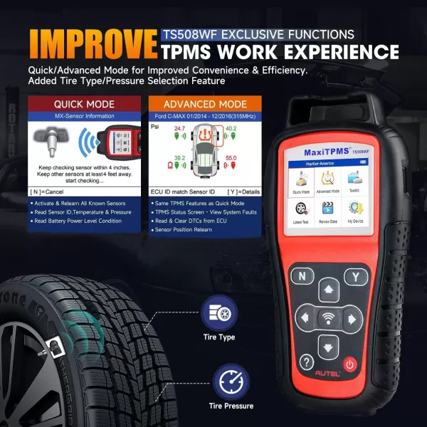 Autel MaxiTPMS TS508WF TPMS Programming Tool, 2023 Upgraded WiFi Ver. of TS508 TS501 TS408, Activate/Relearn/Diagnosis All Known Sensors, Program MX Sensor, Read/Clear TPMS DTCs, Quick &amp; Advance Mode