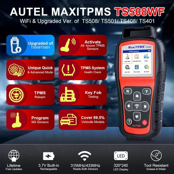 Autel MaxiTPMS TS508WF WiFi TPMS Programming Tool, 2023 Updated Ver. of TS508/TS601, Program MX-Sersors 315/433MHz, Relearn/Activate All Sensors, Read/Clear DTCs, TPMS Reset, Support Lifetime Update