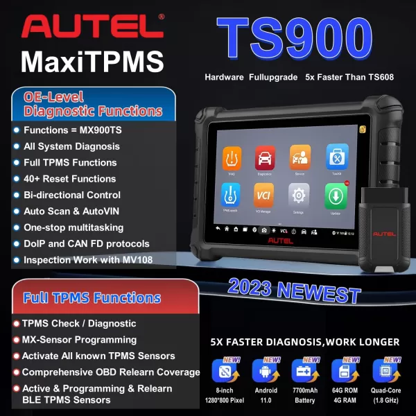 Autel MaxiTPMS TS900 TPMS Programming Tool OBD2 Scanner Upgrade of MX900 TS608 MX808 MK808, Activate/Read/Relearn All Known TPMS Sensors, All System Diagnostic Bidirectional Scan Tool DoIP&amp;CAN FD