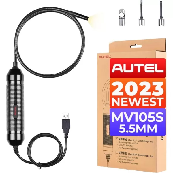 Autel MaxiVideo MV105S Digital Inspection Camera, 5.5mm Diameter Waterproof Industrial Endoscope with Super Bright LED, 39.37 '' Flexible Snake Cable, Compatible with Autel MaxiCOM MaxiSYS series &amp; PC