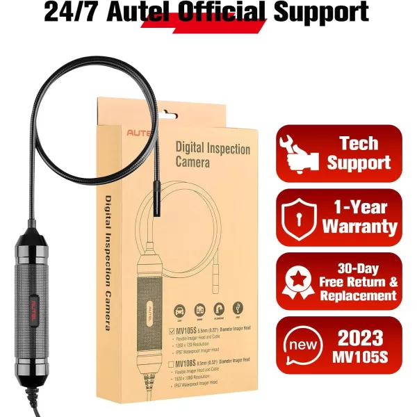 Autel MaxiVideo MV105S Digital Inspection Camera, 5.5mm Diameter Waterproof Industrial Endoscope with Super Bright LED, 39.37 '' Flexible Snake Cable, Compatible with Autel MaxiCOM MaxiSYS series &amp; PC