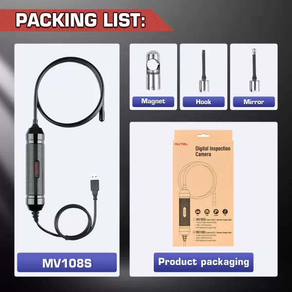 Autel MaxiVideo MV108S Digital Inspection Camera, 2MP 1920x1080, Waterproof USB Endoscope, 8.5mm Ultra-Slim Borescope Snake Camera + LED Light, Work with Autel Scanner &amp; PC, MV108 MV105S MV105 Upgrade