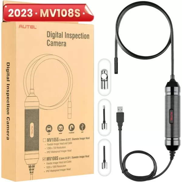 Autel MaxiVideo MV108S Digital Inspection Camera, 2MP 1920x1080, Waterproof USB Endoscope, 8.5mm Ultra-Slim Borescope Snake Camera + LED Light, Work with Autel Scanner &amp; PC, MV108 MV105S MV105 Upgrade