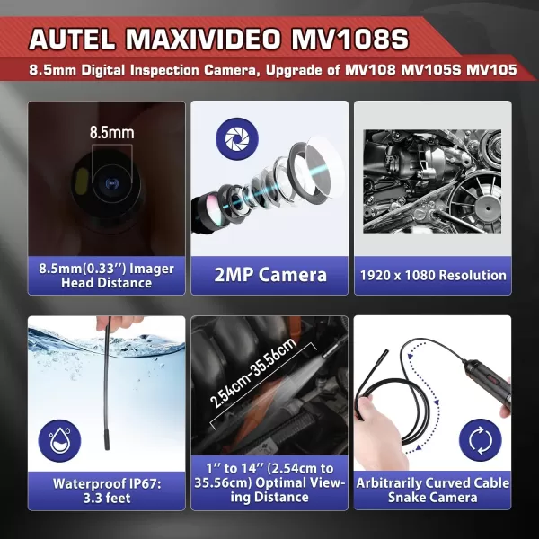 Autel MaxiVideo MV108S Digital Inspection Camera, 2MP 1920x1080, Waterproof USB Endoscope, 8.5mm Ultra-Slim Borescope Snake Camera + LED Light, Work with Autel Scanner &amp; PC, MV108 MV105S MV105 Upgrade