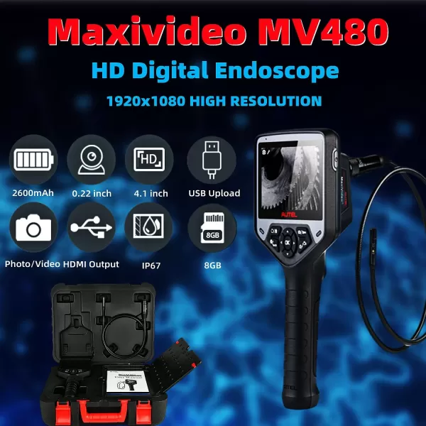 Autel MaxiVideo MV480 Industrial Endoscope/Borescope Dual Lens Video Scope with a Waterproof Cable Car Inspection Digital Camera 7X Zoom Audio Annotation 360°Rotation Advanced MV460 Mv108 MV160