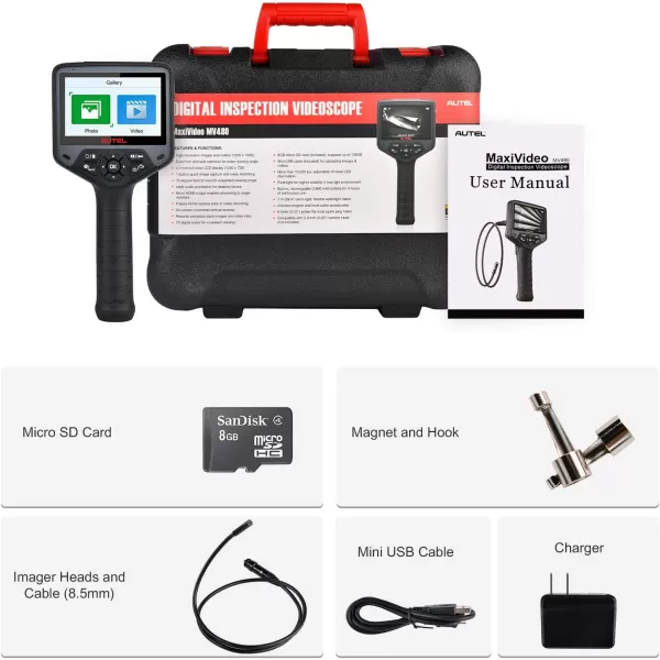 Autel MaxiVideo MV480 Inspection Camera, 2023 Newest 1080P HD Industrial Endoscope Video Scope, Videoscope with Audio Annotation, Dual Cameras, 360°Rotation, 7 X Zoom, Upgraded Ver. of MV460