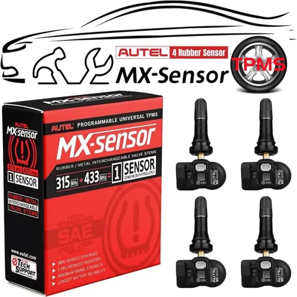 Autel Maxitpms MX Sensor 4pcs Pack Rubber Stem TPMS Sensor 315MHz/433MHz Universal Tire Replacement Sensor Work with TS401/TS408/TS601/TS508/TS601/TS608/MK808TS/ms906ts/its600
