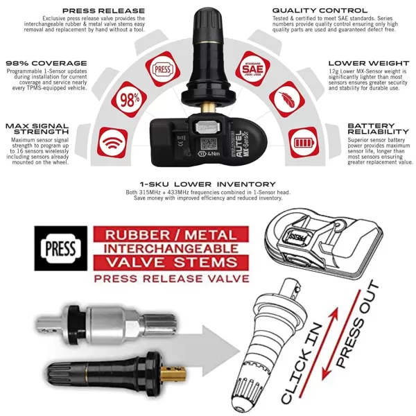 Autel Maxitpms MX Sensor 8pcs Pack with Rubber Stem TPMS Sensor 315MHz/433MHz Universal Tire Replacement Sensor Work with TS401/TS408/TS601/TS508/TS601/TS608/MK808TS/ms906ts/its600