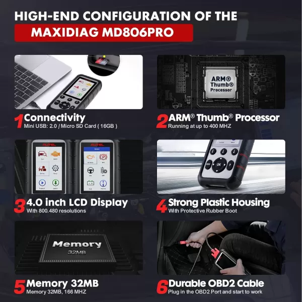 Autel OBD2 Scanner MD806 Pro - Full System Diagnostic Scan Tool with 7 Special Services, Upgrade Ver. of MD802/ MD805/ MD806/ MD808, Oil Reset, EPB, SAS, BMS, Throttle, Free Update &amp; Report Print