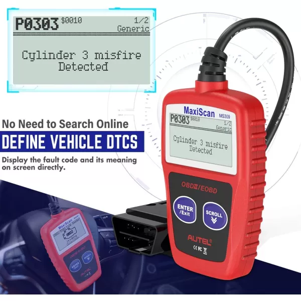 Autel OBD2 Scanner MS309 Universal Car Engine Fault Code Reader, Check Engine Light and Emission Monitor Status, OBDII CAN Diagnostic Scan Tool