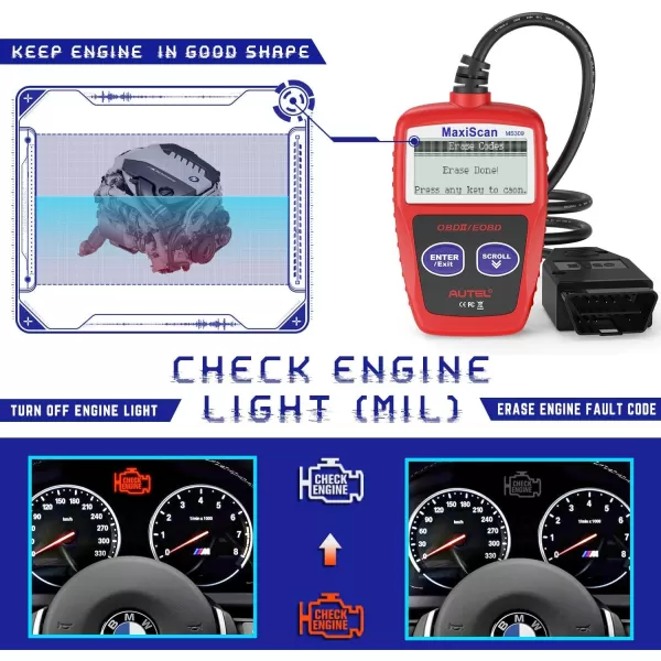 Autel OBD2 Scanner MS309 Universal Car Engine Fault Code Reader, Check Engine Light and Emission Monitor Status, OBDII CAN Diagnostic Scan Tool