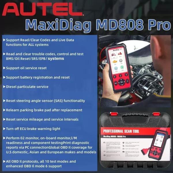 Autel OBD2 Scanner MaxiDiag MD808 Pro All System Diagnostic Scan Tool Upgraded of MaxiCheck Pro/ MD806/ MD805/ MD802 Oil and Battery Reset Registration Parking Brake Pad Relearn SAS/SRS/ABS/EPB/BMS
