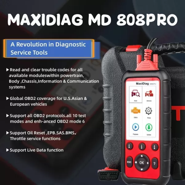 Autel OBD2 Scanner MaxiDiag MD808 Pro All System Diagnostic Scan Tool Upgraded of MaxiCheck Pro/ MD806/ MD805/ MD802 Oil and Battery Reset Registration Parking Brake Pad Relearn SAS/SRS/ABS/EPB/BMS