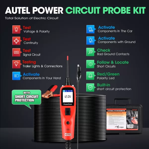 Autel PowerScan Automotive Circuit Tester, Power Circuit Probe Kit, Digital Multimeter/Relay &amp; Diode Resistance Tool, for Frequency/Duty Cycle/Voltage Test, Activating Component, w/ 20ft Cable