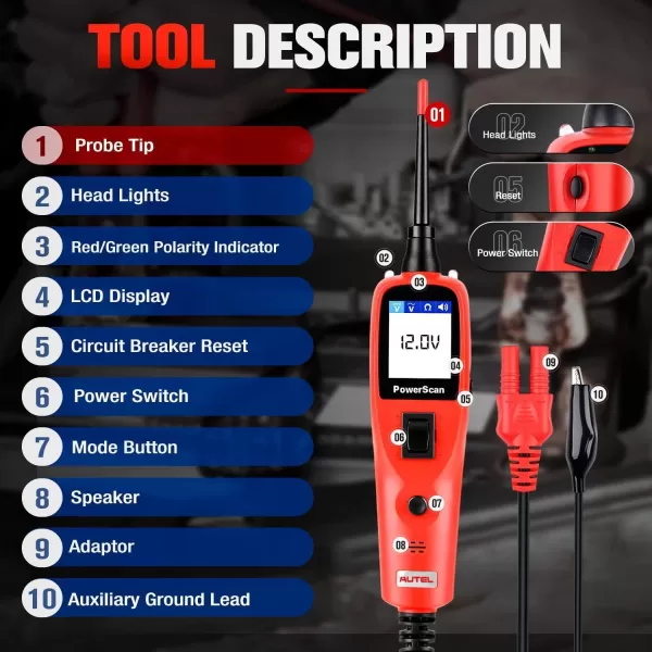 Autel PowerScan PS100 Power Circuit Probe Kit - 12V 24V Car Circuit System Diagnostic Tool, Automotive Circuit Tester with 20ft Extension Cable, Easy to Read AC/DC Current Resistance
