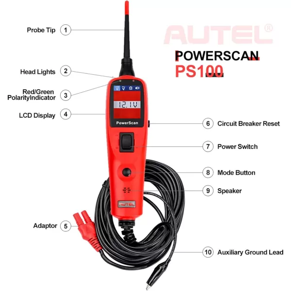 Autel Powerscan Ps100 Electrical System Tester Ps 100 Circuit Tester with 20ft Cable, Built-in Circuit Breaker, Easy to Read AC/DC Current Resistance, Test Continuity/Probe/Sensor Signal
